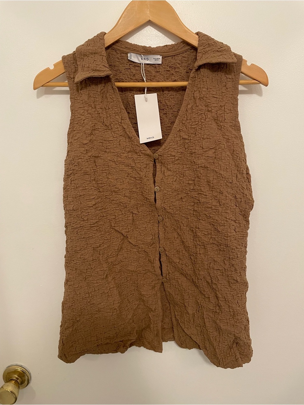 Mango Brown Textured Sleeveless Button-Down Top